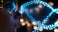 Young woman in VR headset illuminated by blue holographic lights and bokeh effects, representing digital technology and virtual reality experience.