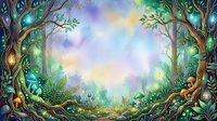 Enchanted forest with glowing trees, magical woodland clearing, fantasy landscape with luminous foliage and mystical atmosphere for game art and fantasy illustrations.