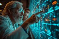 Senior scientist with white beard and glasses analyzing data on futuristic transparent display with blue holographic interface in modern laboratory setting.