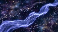 Abstract purple energy wave flowing through cosmic space with glowing particles and stars creating mystical digital art for futuristic designs.