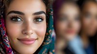 Young Hispanic woman with curly hair and natural makeup smiling warmly at camera, blurred people in background. Professional portrait with soft lighting.