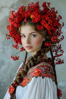 Young woman with blue eyes wearing traditional folk costume and elaborate red rowan berry headdress, styled with long braided hair against soft background.