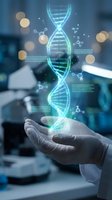 Scientist hand holding holographic DNA double helix with molecular structures in modern laboratory for genetic research and biotechnology applications.