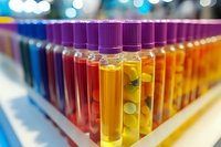 Colorful laboratory test tubes with purple caps containing yellow and red liquid samples arranged in rows, shallow depth of field creates blurred bokeh background.