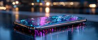 Modern smartphone with glowing neon lights and water droplets on dark reflective surface creates futuristic technology atmosphere with bokeh city lights background.