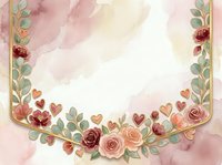 Watercolor floral frame with roses, hearts, and eucalyptus leaves on soft pink background. Isolated design element suitable for wedding invitations, greeting cards, and digital projects.