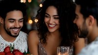 Young woman with long curly dark hair and two men enjoying drinks and conversation at an evening celebration with warm bokeh lights in background.