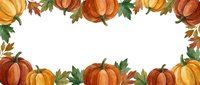 Autumn pumpkins and fall foliage border frame with orange gourds and green leaves on white background for seasonal harvest designs and thanksgiving decorations.