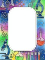 Science laboratory frame with microscopes, test tubes, DNA molecules and chemical formulas on colorful gradient background with white copy space for text.