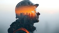 Double exposure silhouette of bearded man with city skyline and sunset creating artistic urban portrait for creative design projects.