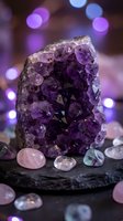 Purple amethyst crystal cluster on dark slate with healing gemstones and bokeh lights for spiritual wellness meditation and crystal therapy practices.