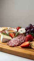Gourmet charcuterie board with salami, cheese, fresh strawberries, grapes and crackers on wooden serving platter for entertaining and appetizers.