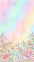 Soft pastel watercolor floral background with roses and peonies, golden outlines, rainbow gradient wash, for cards, wallpapers, and wedding designs.