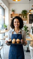 Young African American female baker displaying freshly baked cupcakes in modern bakery kitchen with natural light, plants, and warm ambiance. Perfect for bakery business, food service, and culinary content.