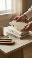 Woman hands placing book on stack of notebooks at wooden desk with coffee cup and glasses in warm natural light for reading and study.