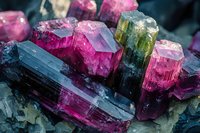 Vibrant pink and green tourmaline crystal cluster formation showing natural geometric shapes and color zoning against dark background, macro mineral photography.