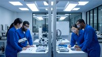 Medical team in blue scrubs performing surgical procedures in modern operating room with advanced equipment and sterile environment.