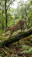 Leopard stretching on fallen log in lush green forest habitat displaying natural behavior and spotted coat pattern in wild environment.