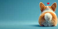 Fluffy corgi puppy backside view with heart above on blue background, cute pet rear concept for animal love and care content.