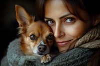 Young woman with blue eyes and dark hair cuddling small brown Chihuahua dog in cozy knit sweater against dark background, intimate emotional portrait.