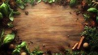 Fresh aromatic spices and herbs create natural frame on rustic wooden background with copy space in center, overhead view of cooking ingredients.