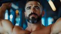 Muscular bearded Caucasian man with intense gaze during workout at gym. Dark moody fitness atmosphere with bokeh lighting creates dramatic sports portrait.