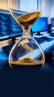 Hourglass with golden sand on a blurred computer workstation background, symbolizing time management, deadline, and digital business urgency.