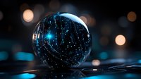 Glowing blue constellation patterns reflected in crystal ball against dark background with bokeh lights creating magical atmospheric composition.