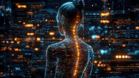 Digital silhouette of person surrounded by glowing data streams and code elements in dark blue and orange technological environment. Concept of artificial intelligence.