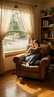 Young woman reading book in cozy armchair by window with warm sunlight streaming through curtains in comfortable home library setting.