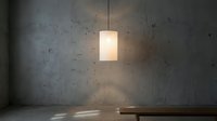 Minimalist interior with hanging pendant lamp casting warm glow on textured concrete wall and wooden floor, creating modern ambiance for contemporary design projects.