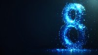 Glowing number eight formed by luminous blue particles and light effects on dark background, creating magical numeric symbol with sparkles.