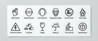 Safety equipment and warning symbols collection featuring protective gear icons including gloves, goggles, ear protection, masks and hazard signs for workplace safety.
