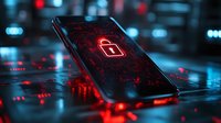 Smartphone displaying glowing red padlock icon on dark background with digital circuit pattern, symbolizing cybersecurity threat and data protection concept.