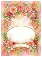 Vintage floral frame with pink roses, peonies, and ornamental scrolls on watercolor background. Isolated oval banner with decorative gold accents, ready for invitations, greeting cards, and design projects.