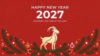 Cream goat silhouette with festive evergreen garland, ornaments and geometric shapes on red background for lunar new year 2027 celebration.