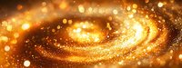 Magical golden spiral of glowing particles and bokeh lights swirling in dark space creating cosmic abstract background with sparkling dust effect.