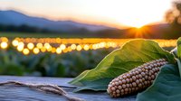 Corn cob with green leaf on wooden surface at sunset, agricultural field blurred in background, harvest season concept for farming and agriculture design projects.