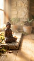 Wooden Buddha statue in meditation pose on rustic table with warm sunlight streaming through window creating peaceful zen atmosphere for mindfulness practice.