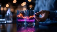 Glowing stock market chart projection in glass with vibrant purple and orange colors against dark background with bokeh lights, financial data visualization concept.