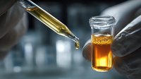 Laboratory pipette dropping golden liquid into test tube held by gloved hand, demonstrating scientific research in pharmaceutical or chemical analysis.