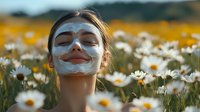 Young woman with facial clay mask relaxing in blooming daisy field during sunset, eyes closed with peaceful smile, enjoying natural skincare moment.