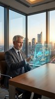 Mature Caucasian businessman using holographic legal technology interface in modern office with city skyline view at sunset for corporate presentations.