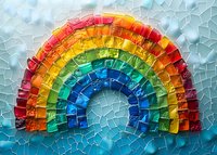Vibrant rainbow made from colorful glass mosaic tiles against light blue background, creating artistic pattern with geometric shapes and textural details.