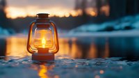 Vintage oil lantern glowing warmly on snowy ground during winter evening twilight with soft bokeh lights creating cozy atmospheric camping scene.