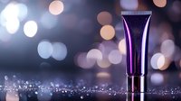 Purple cosmetic tube on dark glittery surface with bokeh lights background creates luxurious beauty product presentation for skincare and makeup advertising.