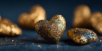 Golden glittery heart-shaped decorations on dark blue background, creating romantic festive atmosphere for Valentine's Day celebrations.