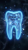 Glowing blue neon tooth anatomy with cosmic background and floating particles for dental healthcare and medical education concepts.