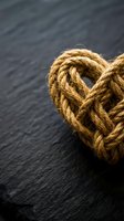 Natural jute rope twisted into heart shape on dark slate surface. Rustic love symbol for Valentine's Day, wedding decorations and romantic crafts.
