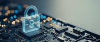 Digital cybersecurity concept with glowing padlock hologram over computer circuit board representing data protection and network security technology.